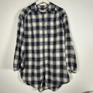 Vince Womens Plaid Button-Up Shirt Large Blue White Cotton Long Sleeve Casual